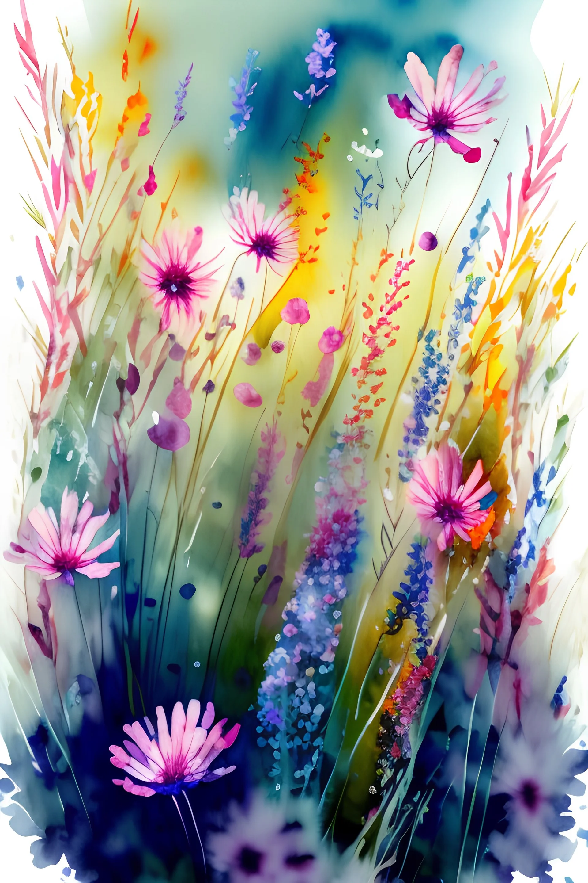 Watercolor, abstract, impressionist, not much detail patterns: Embark on a journey through a field of wildflowers, where the abstract strokes mimic the sway of the blooms in the breeze, offering a delightful and whimsical coloring experience.