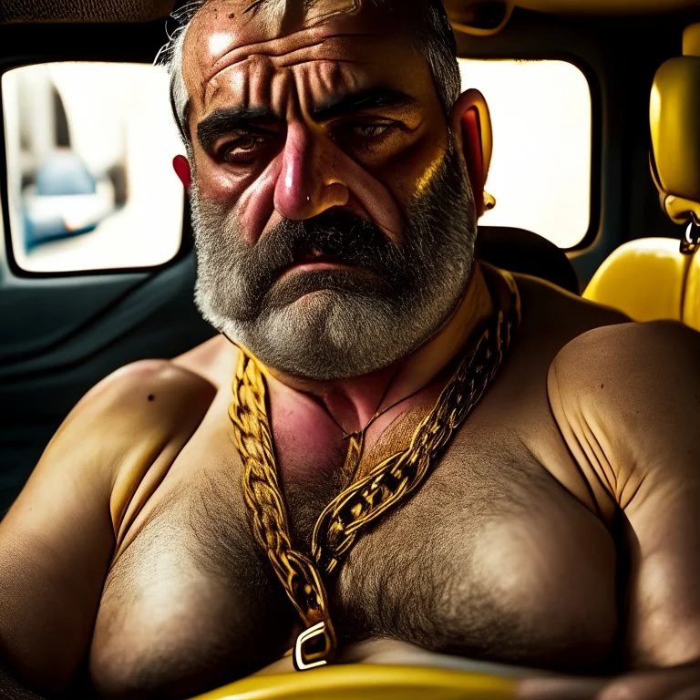 full body shot photography of an Italian sicilian taxi driver burly ugly sitting in the taxi, chubby tired 55 years old driving shirtless, bullneck, thin gold chains, short beard, sweat, short hair, bulge, robust, manly chest, looking down, big shoulders,, photorealistic, side light, ambient occlusion, tired eyes. 35mm lens, internal view inside the Taxi