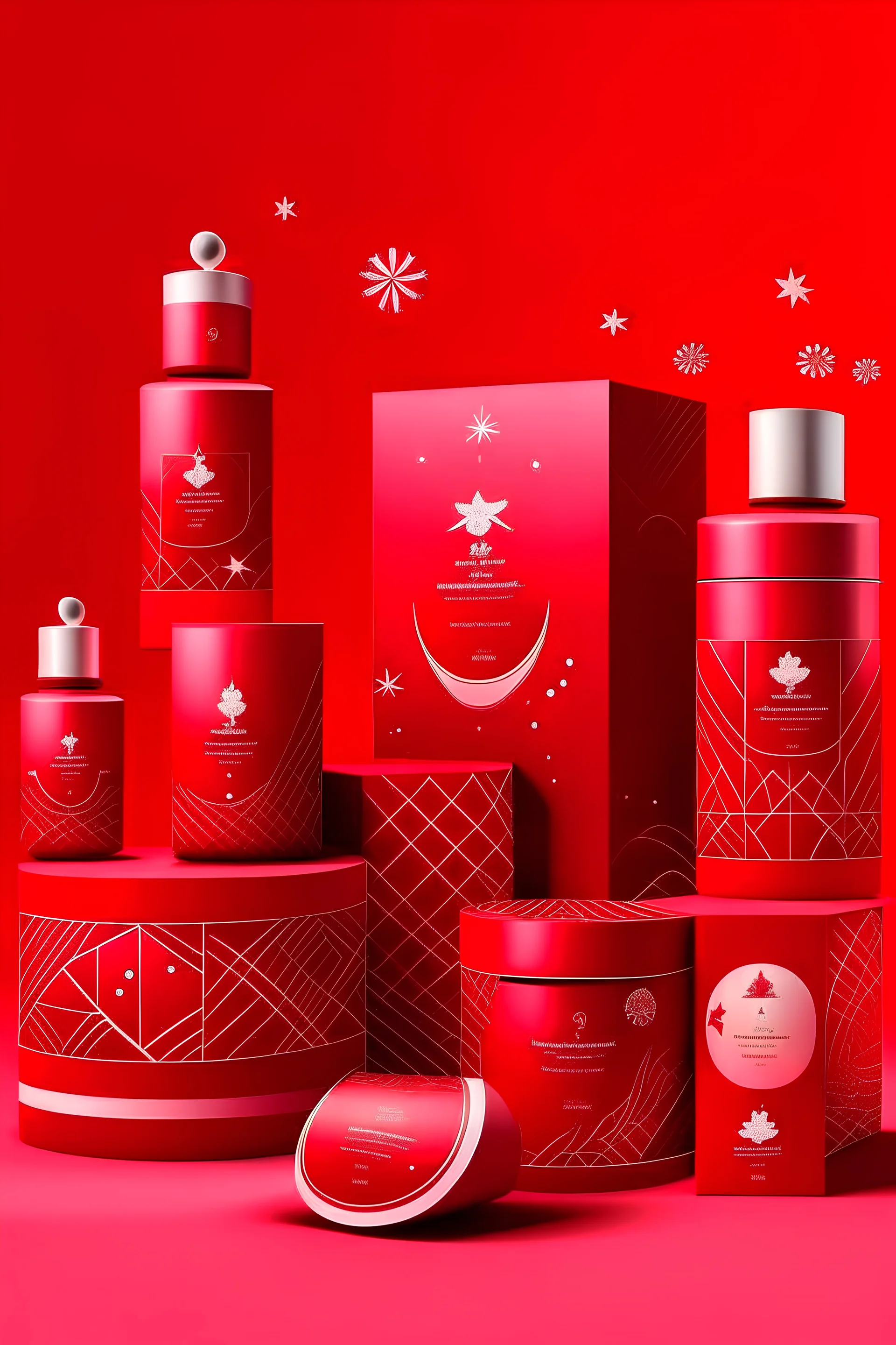 Please translate: Designing a set of cosmetic packaging for hair, hand, face, and foot creams with a holiday theme, featuring a red sky pattern with stars, Christmas trees, lollipops, and Santas, all with the inscription LUMINA. Arranged in an aesthetic way suitable for posting on Instagram."
