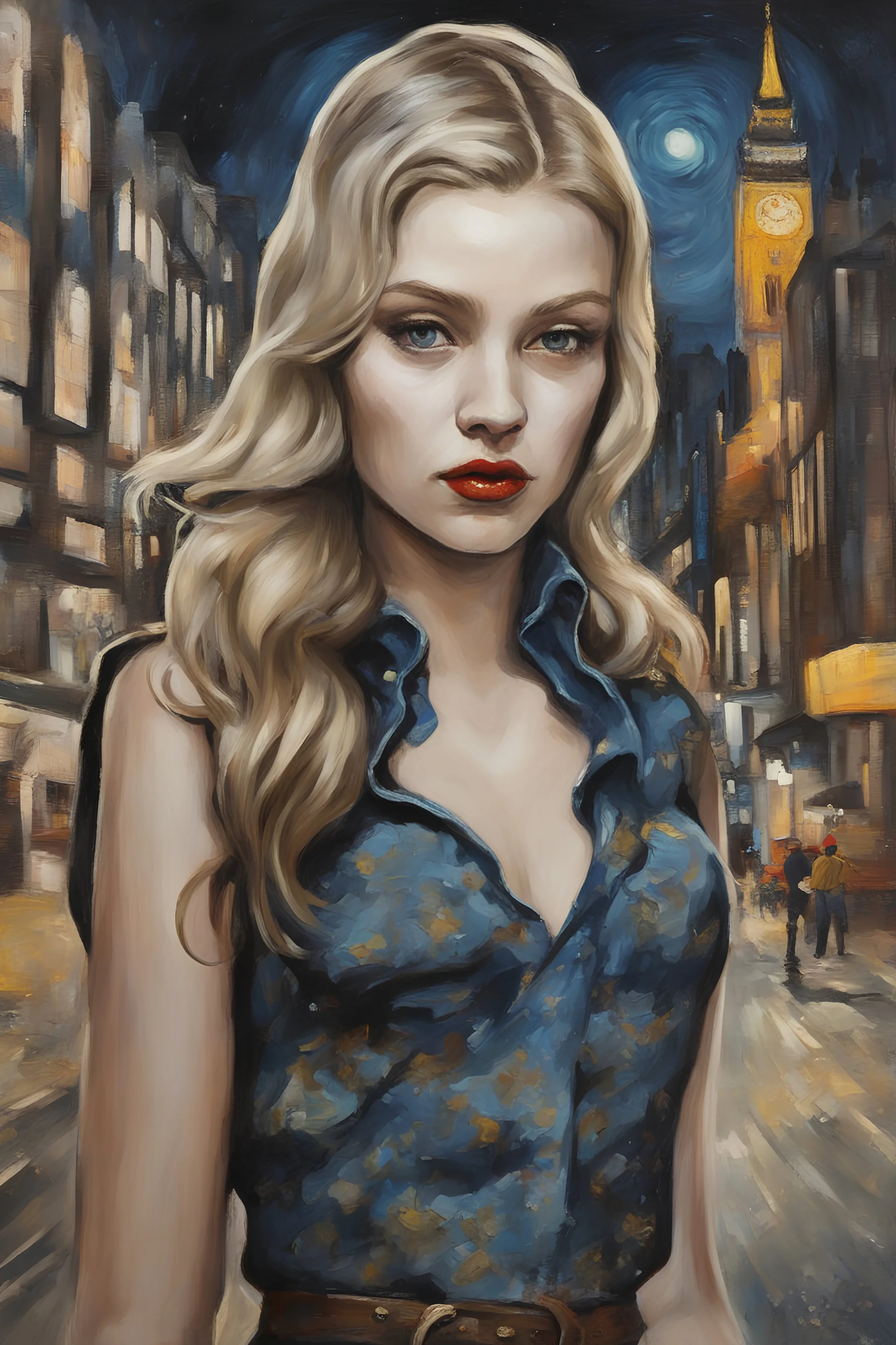 Alexandra "Sasha" Aleksejevna Luss fantasy bombshells oil paiting Vincent Willem van Gogh style Once upon a night time Tokyo London city