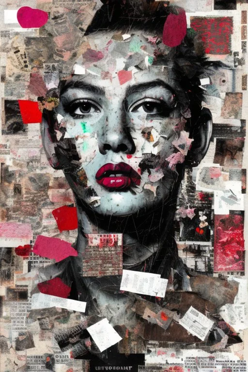 Ultra detailed medium portrait painting of happiness , torn up collage of clippings, beating heart line background, scattered flowers, crumbled Paper, memories on black and white photos, matrix effects, punk visual art, punk art aesthetic, graffiti art, pop surrealism, collage art, cluttered paint glitches