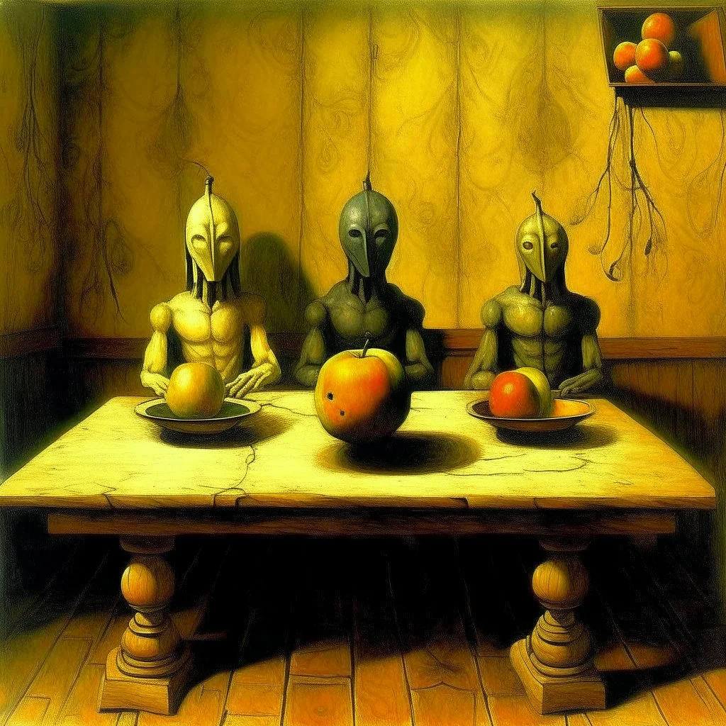 Newell Convers Wyeth Apples. Pears. Grapes. Dishes. Oranges. Wood table.