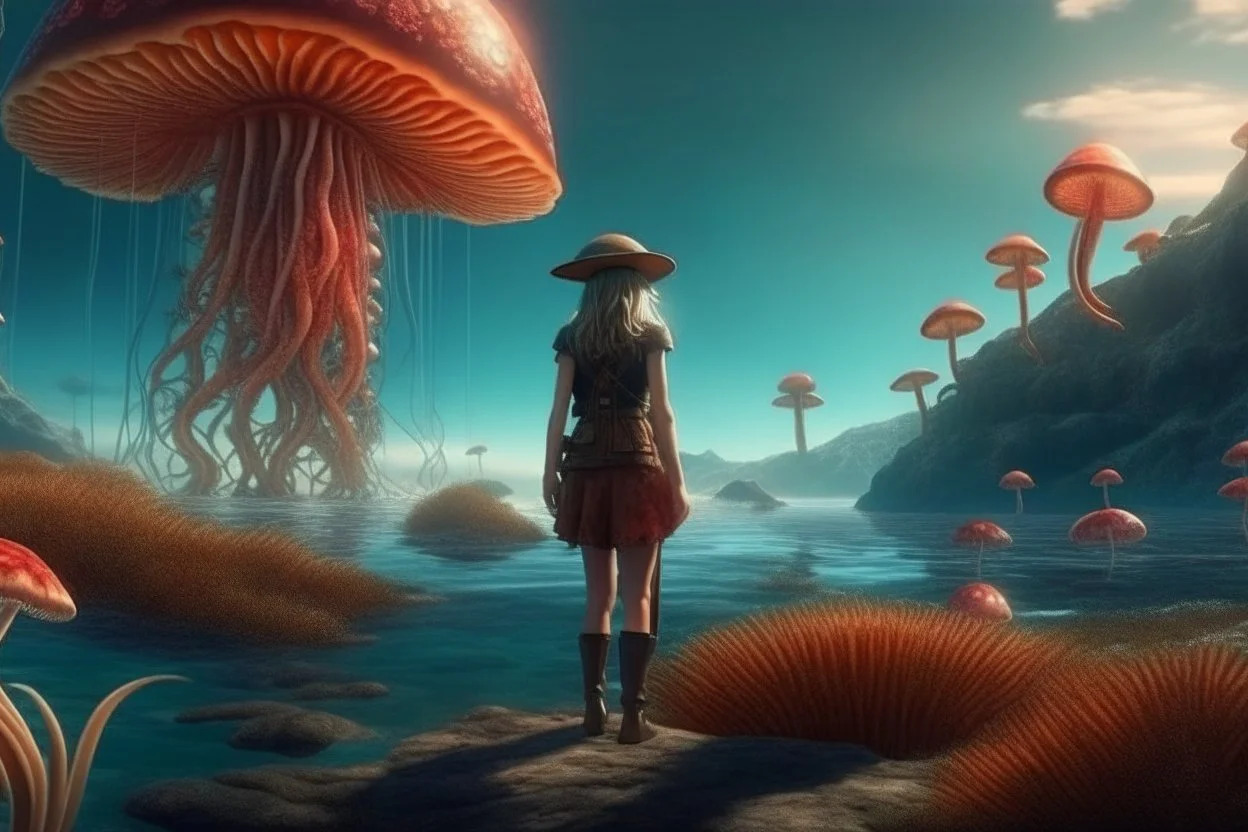 woman standing on the shores of an alien world, with mushrooms with jellyfish tentacles, floating in the air, photorealistic, Detailed Matte Painting, Deep Colour, Fantastical, Intricate Detail, sunshine