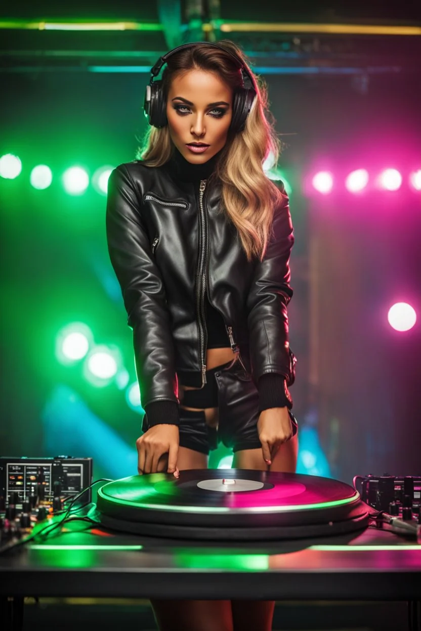 Real Photography super model beautiful woman, good body,wearing clothes jacket and short dress leather body suit with headphones playing music on a turntable, dj rave party disco club