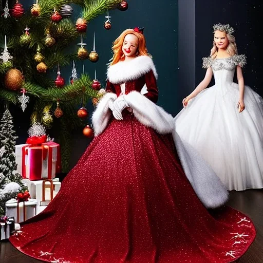 Dove cameron and teen robyn lively, meticulously detailed beautiful faces, meticulously detailed hair; christmas, snow, gothic, sparkles; ethereal fantasy. hues of christmas. hideo kojima. realistic oil painting. victorian era, glitter, snowflakes, holly, pinecones, old fashioned, vintage, antique, beautiful, renaissance, 16k