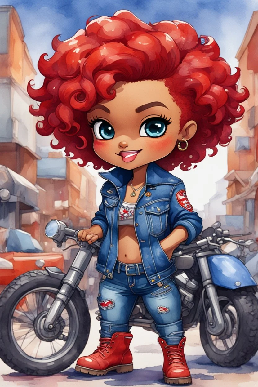 watercolor illustration of the chibi cartoon character, a voluptuous black female in a blue jean outfit with biker boots. Her prominent makeup and hazel eyes, along with her detailed red pixie haircut, are featured in this image, set against the background of a lively bike show.