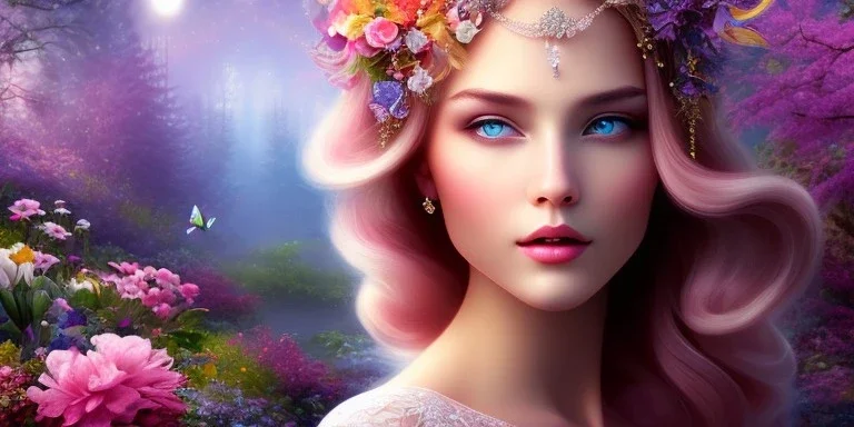 bright fairy, beautiful portrait, flowery landscape