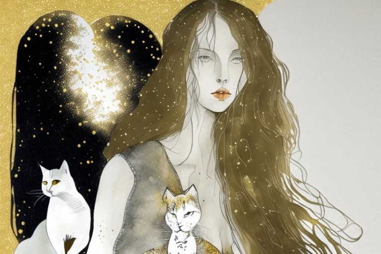 long haired woman with cat, white watercolor and black ink, golden glitters