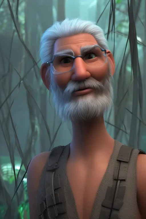 3D render of a cyberpunk tribal old man, gray hair and goatee, on a dark blue jungle background, digital art