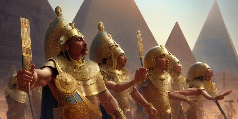 An ancient Egyptian pharaoh looks at the pharaonic armies in front of him far in front of the sea,no pyramids, cinematic, 8k, resolution concept art portrait by Greg Rutkowski, Artgerm, WLOP, Alphonse Mucha dynamic lighting hyperdetailed intricately detailed