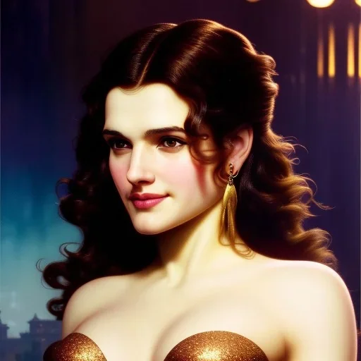 young Rachel Weisz sits by the goldfish pond, lotus, detailed face, long brown wavy hair; by gaspar camps, maxfield parrish, alphonse mucha, cyril rolando, dan mumford; luminous colorful sparkles, glitter, airbrush, octane render, volumetric lighting, Hyperdetailed oil on canvas