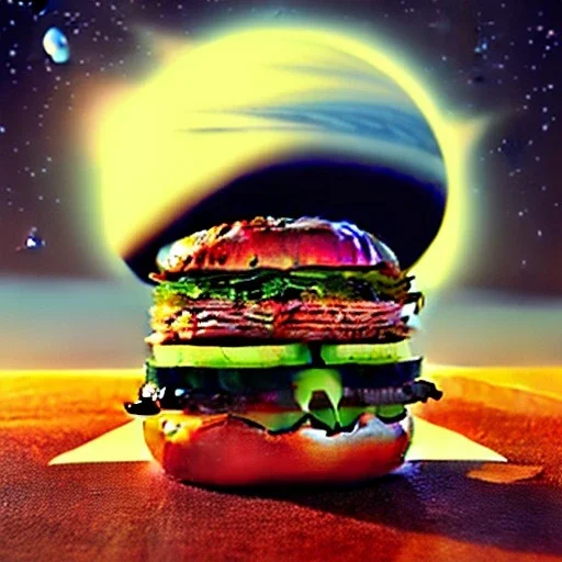 burger cult at the edge of the universe in surrealistic style