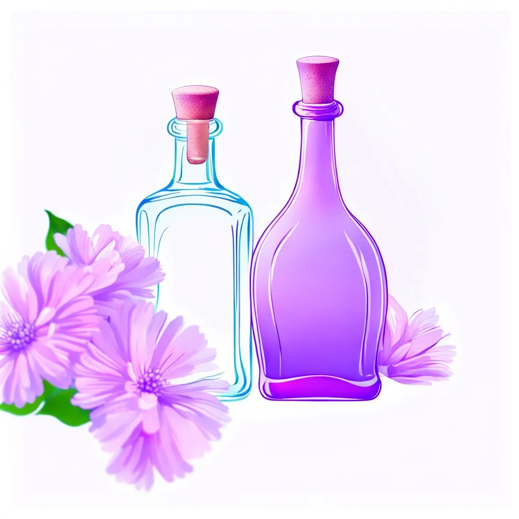 draw a bottle on a beautiful delicate background, delicate purple flowers are blurred in the background, top view