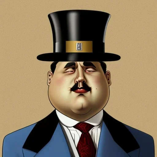 A 1930s Italian-American businessman in his 20s with a tight fitting bowler hat and a tattered suit. He is obese and has a sad expression on his face. He is facing the screen.