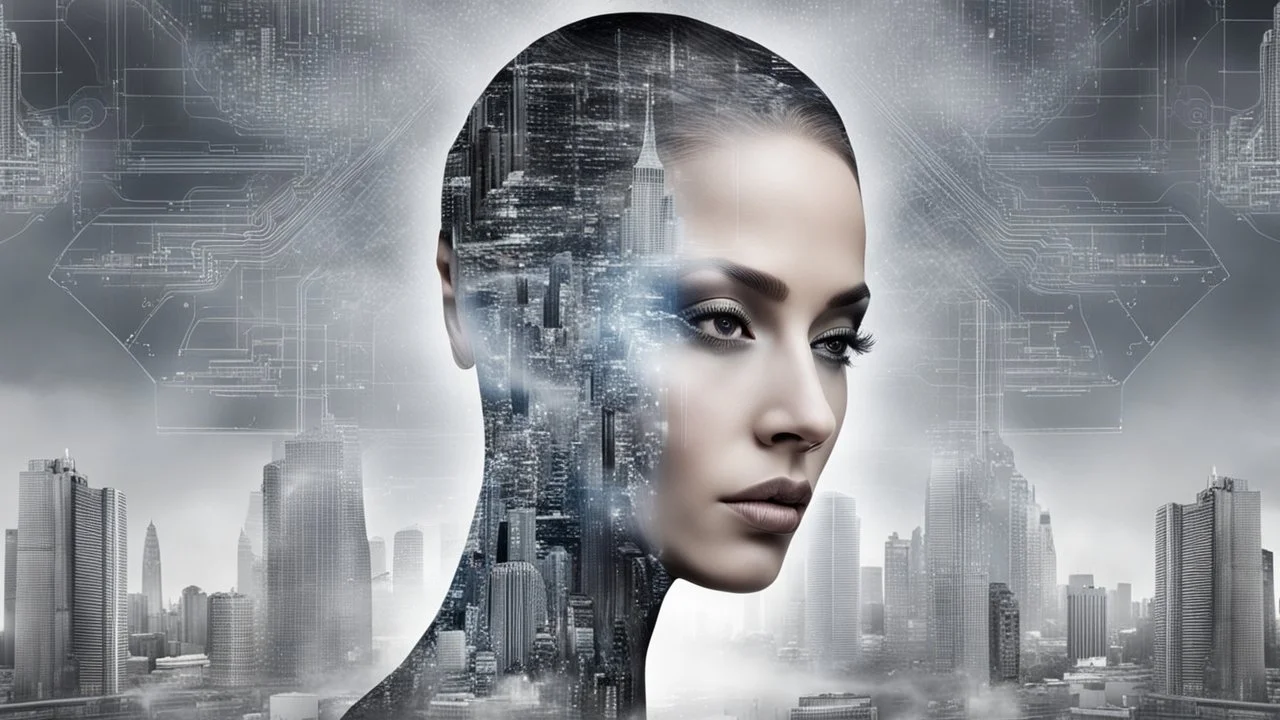 Double Exposure collage portrait of android-human transparent woman face, microchip pattern, cyberpunk, higtech city, skyline, silver sky background, cold, silver, grey, dark colors, futuristic mood, utopistic, high detailed