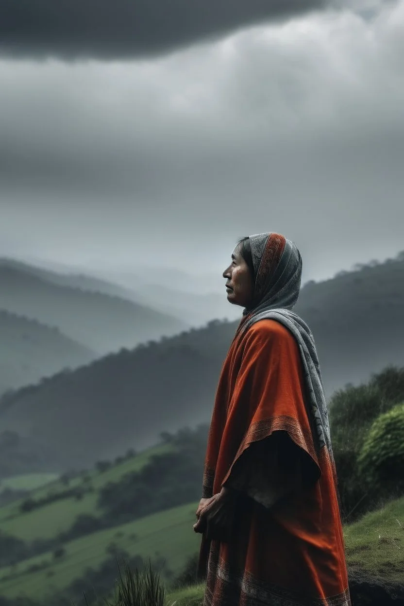 Wanita Indonesia berdiri di tepi bukit saat hujan deras sendiri menatap langit