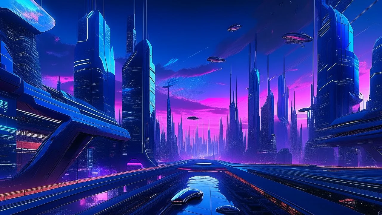 A futuristic cityscape at dusk, where towering skyscrapers of glass and steel pierce the sky, their surfaces reflecting the deep purple and blue hues of the fading day. The city is alive with neon lights and holographic advertisements, their colors shifting and blending in a hypnotic display. Drones fly through the air, delivering packages and messages, while sleek autonomous vehicles glide through the streets below. In the foreground, a group of people gather in a public square, their clothing