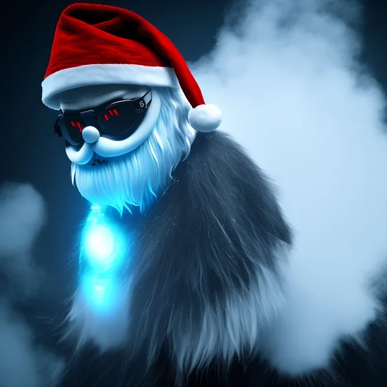 All Black Santa, ghost, wearing high tech mask, white smoke, dark, rage, high definition, ultra 8 k, volumetric lighting, blue fire, fog red rain