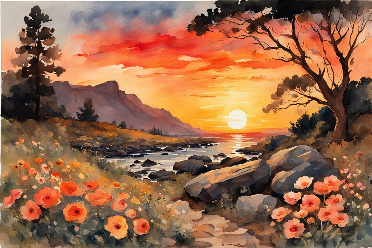 Amazing beautiful sunset, flowers, rocks, countryside, mountains, trees, sci-fi, fantasy, epic, winslow homer watercolor paintings