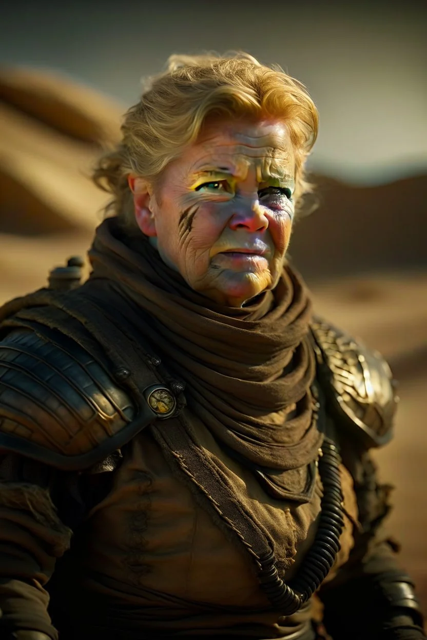 Erna Solberg as boss harkonen in a desert scene from dune, shot on Hasselblad h6d-400c, zeiss prime lens, bokeh like f/0.8, tilt-shift lens 8k, high detail, smooth render, down-light, unreal engine, prize winning