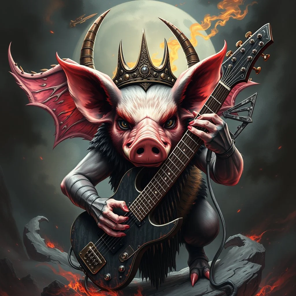 make a Album cover, death metal, and a big evil swine with guitar, the band name is Optimus Primus