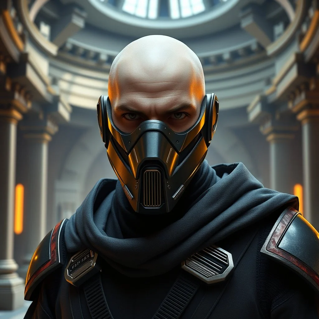 bald male corellian jedi wearing gunmetal grey and black old republic armored flightsuit and breath mask with gold and metallic red trim inside the jedi temple, centered head and shoulders portrait, hyperdetailed, dynamic lighting, hyperdetailed background, 8k resolution, volumetric lighting, light skin, fully symmetric details