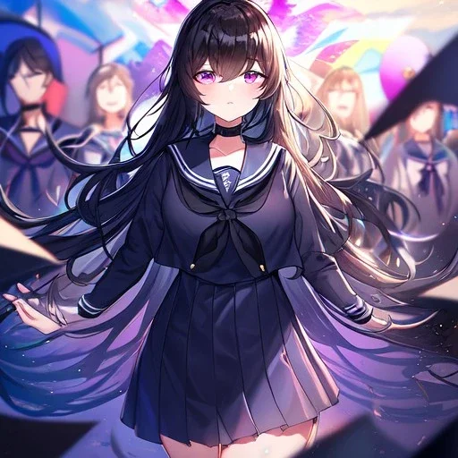 Clear focus, High resolution, Black long fluffy hair, purple eyes, wearing a sailor uniform, shattered rainbow in triagle formation, Commercial Purpose