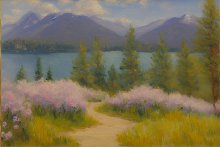 Mountains, lake, flowers, pathway, pine trees, clouds, philip wilson steer impressionism painting