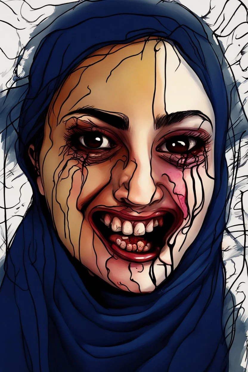 picture drawn by a 18 year old with behavioral issues, bipolar and borderline personality disorder and is good at doodling, ugly arab woman, horror art ,petite, horrible, terrified, open mouth scream, odd colored skin, (unhealthy),, bad anatomy, bad illustration, bad proportions, beyond the borders disgusting, horror art,