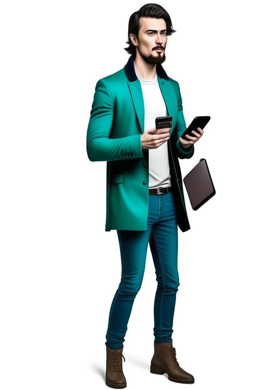 Modern guy, 20s, "holding ipad in left hand", looks like a "renaissance painting look", walking forward, full body, "persian green jacket", blue pants, "right hand pointing to the ground". "Front facing" "forward view" white background