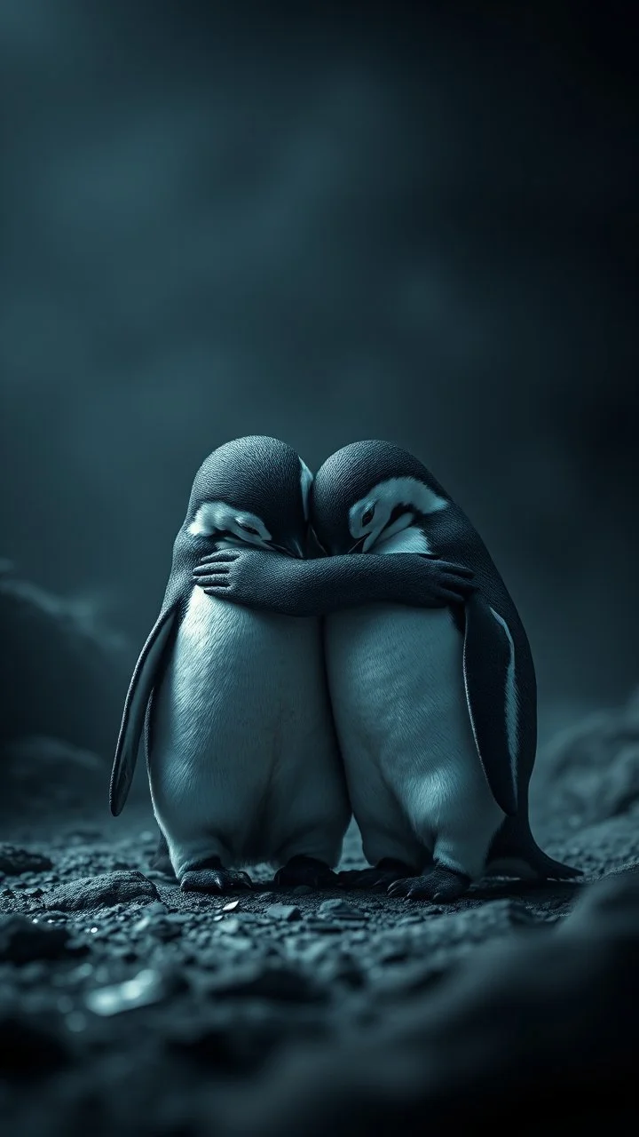 ,surrealism of the dark of a nightmare , hyper photorealistic, hyper detailed bright art color, high resolution, fog, octane render, tilt shift, HDRI Environment, all pictures dark gray, 2 sad penguins hugging each others