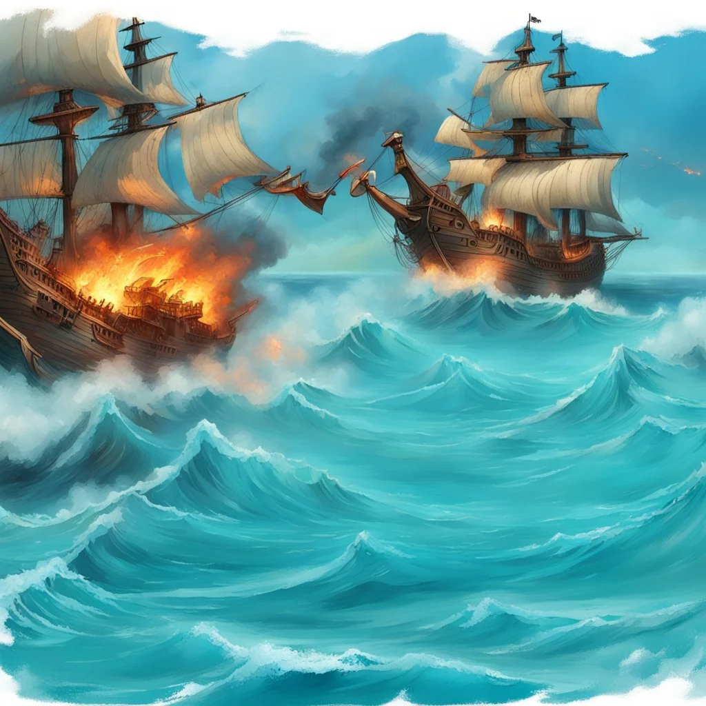 two pirate ships fighting each other at sea. They fire cannons at each other and one ship is hit and burns.