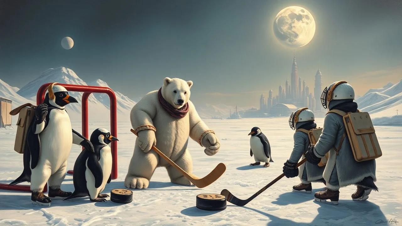 oil painting of Charlie Chaplin as two unstable constable keeper polar growlar bear standing in the goal, on the planet of Ceres, with some penguins with hockey masks and backpacks smacking large pucks so we can see its trail, and playing hockey on frozen lake with astronauts, in front of ice megapolis