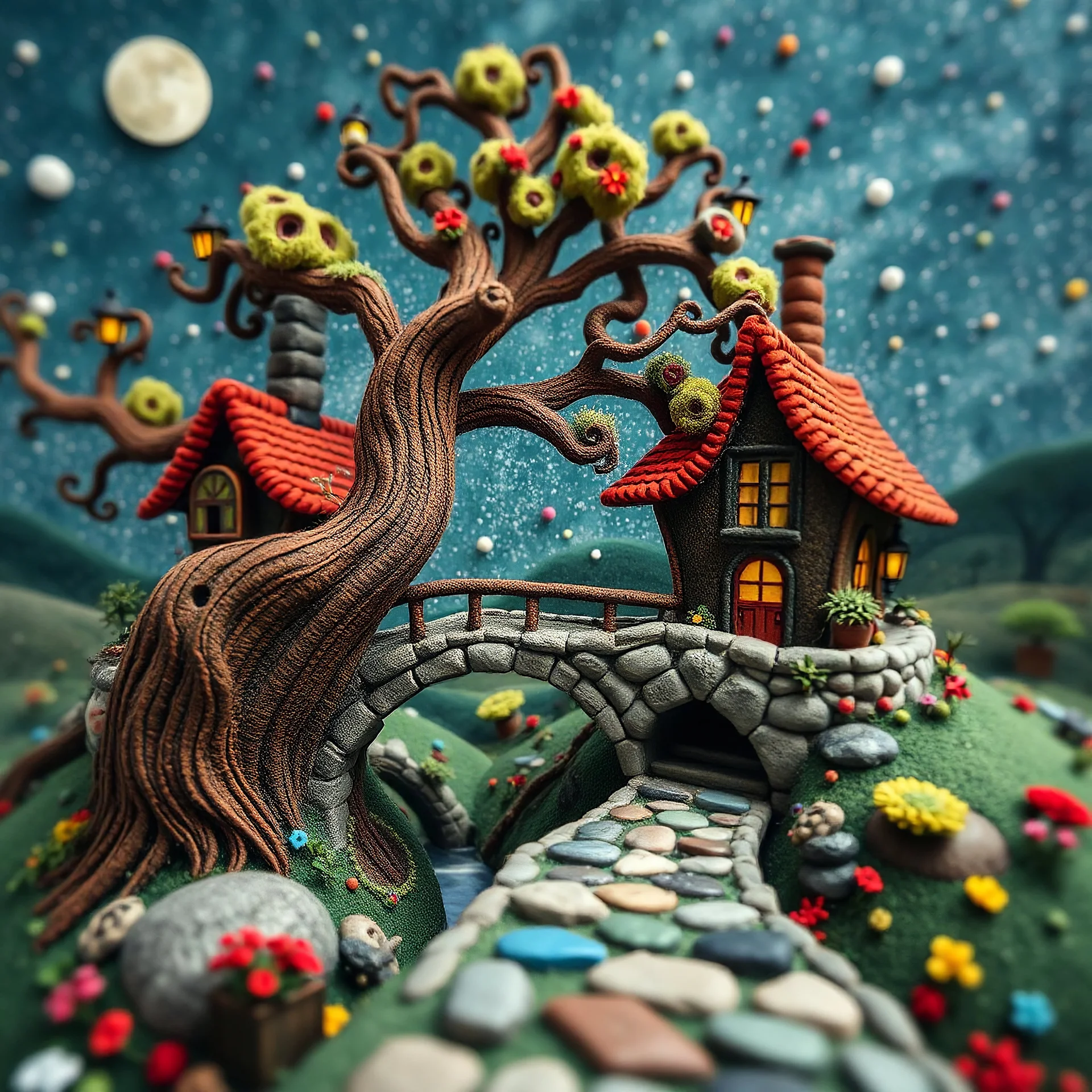 Photograph hasselblad h6d400c --ar 85:128 --v 6.0 of a fairy old bridge, tree, old bewitched house, made of felt, art, 3d deep field, Joan Miró, wide angle landscape scene, galaxies, creepy, needlepoint, abstract silhoutte, expressionist style, colorful holiday