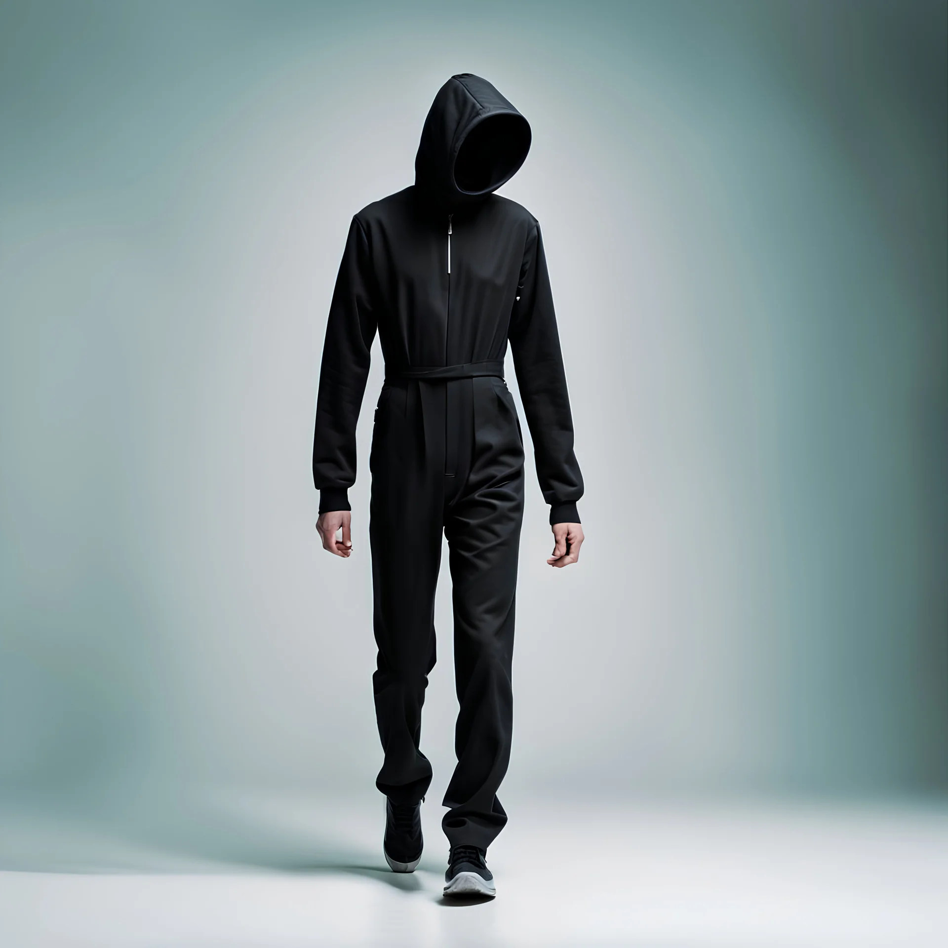 man in black jumpsuit with obscured face walking to the side sideways left