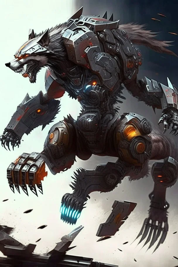 A fighting iron wolf with the ability to fly A war machine with all the tools