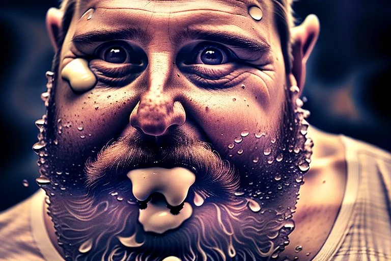 close up photography, dirty burly chubby Italian strong 48 years old homeless man, full of splashing milk in the face dripping on the beard, with dirty tank top, emotional eyes, manly chest, photo, Canon EOS, lens 35mm, natural lights, 8K, in the morning