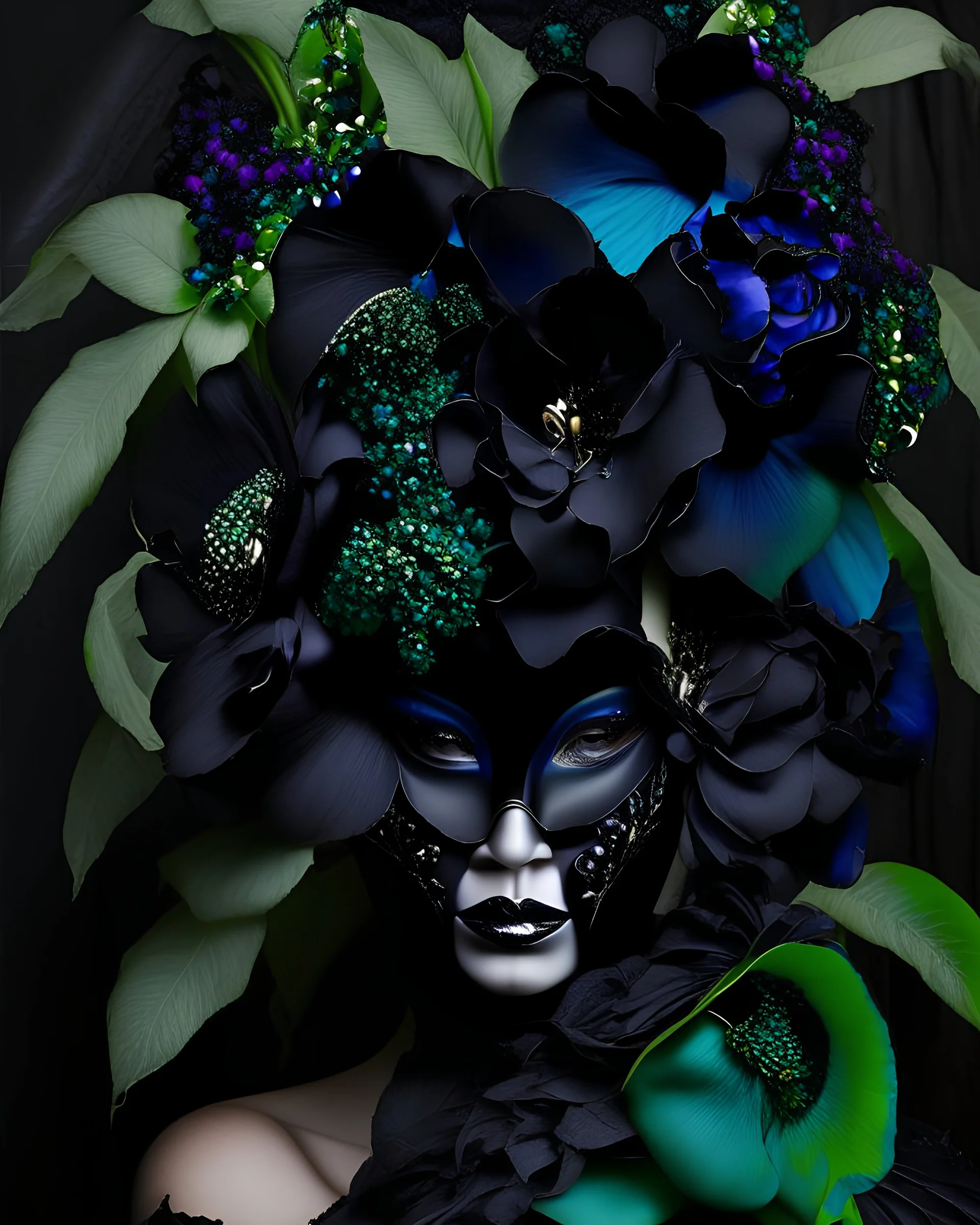 Beautiful venetian black orchid flower and black hydrangeaa with black Bell flower. and and black mollusk shell colour bioluminescense black orchid and white el flower black carnival style voidcore shamanism masquerade woman portrait adorned with black hydrangea and green ad black and oil blue and malachite colour and inwarl stone orcidflower flower headdress and black orchid foral leaves botanical black hydrangea metallic filigree masque venetian rennaisace mollusk shell colour extremely detail