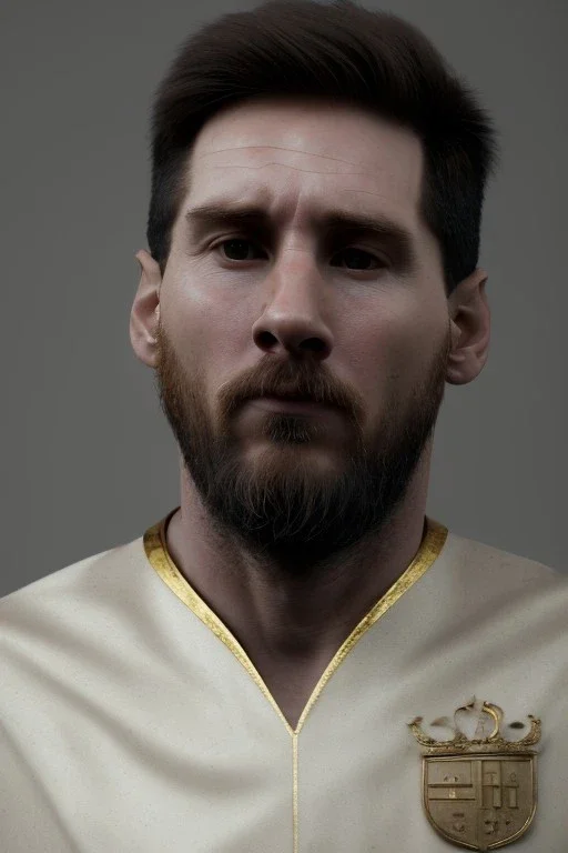 Realistic image, lionel Messi sculpture, white marble material with gold veins, gold laurel leaves crown, gold ornaments, Renaissance style, sun rays background, waist up portrait, epic, celestial, cinematic lighting, God lights, 4k resolution, smooth details, soft lighting, unreal engine 5, art station, substance 3d.