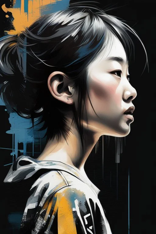 An ultra realistic poster for a young girl from china word sign as “street art ”, by Daniel Castan Carne Griffiths Andreas Lie Russ Mills Leonid Afremov, black background