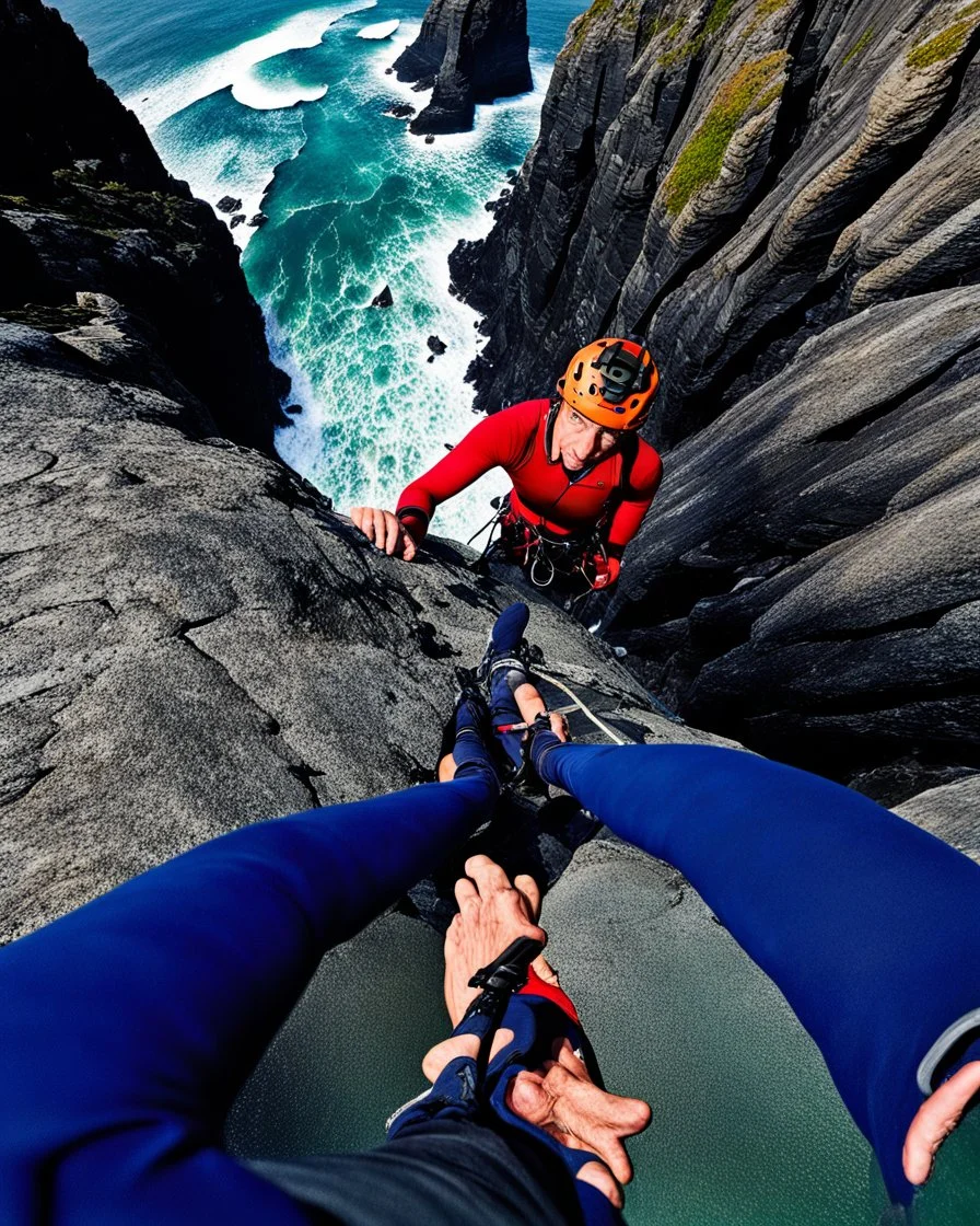 from the point of view of a rock climber, look down at the ocean rocks below as you climb high into the bluffs of ireland. holding on to the cliff face, the ocean below storms and swirls around a giant whirlpool