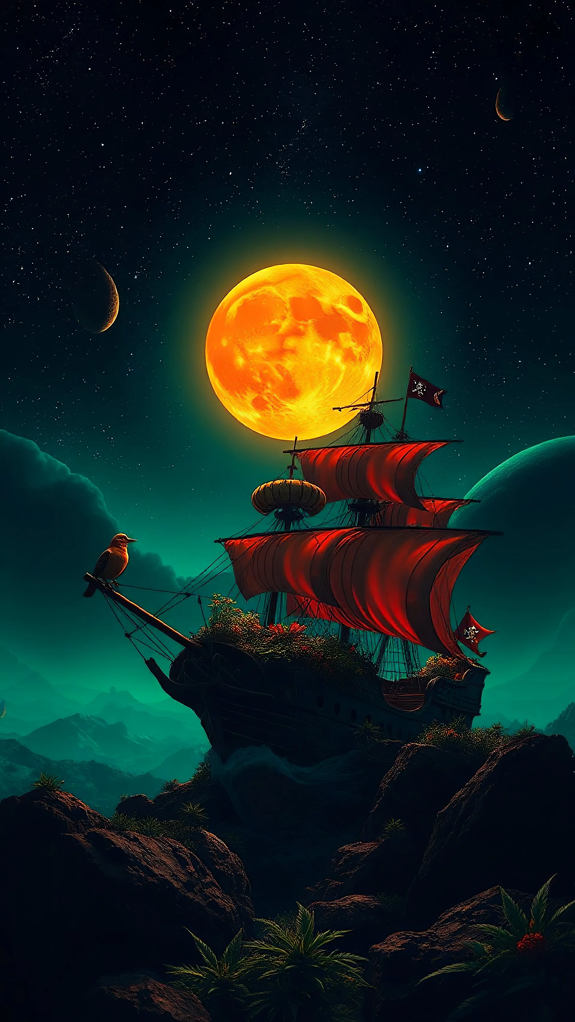 Orange moon landscape on green planet, space meteorites, stars in the night sky, fantasy plants on a pirates sailing ship split toning effect, subsurface gaussian scattering, dark fantasy, dark botany, photorealistic image, ultra-details, Marijuana trees birds f