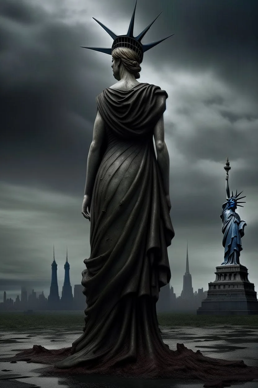 the statue of liberty, dress dirty and torn, her face solemn and terse, her head hanging in defeat, shoulders slumped, trash littered at her feet, she's holding a crumpled american flag as she walks away, back to the viewer, under a dark and dreary sky