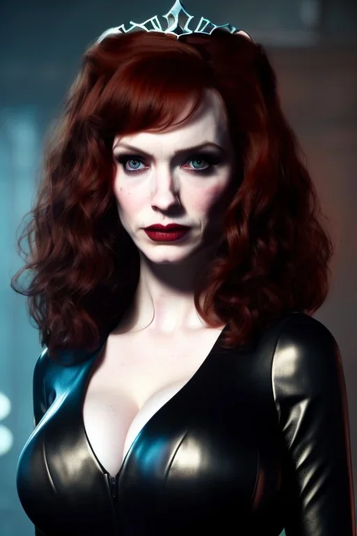 christina hendricks as evil queen in black leather, angry, stern look, volumetric lighting, particales,highly detailed,cinematic, deep colours,8