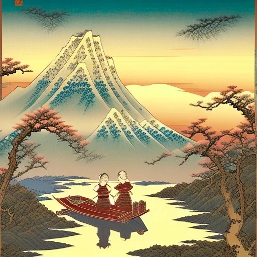 Ukiyo-e styled art, stream, mountain, sun, family on a boat