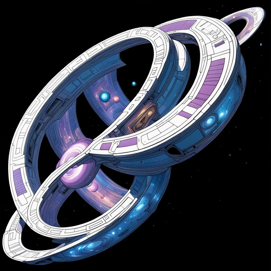 a Mobius strip that is also a starship "TAA II" is the size of a solar system and belongs to Marvel's Galactus, it is shaped like a Mobius strip, winding and looping upon itself, with Jack Kirby design elements, in space with small planets within, add color and texture