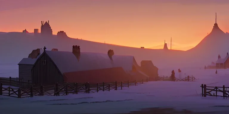 Small medieval fantasy cattle farm in a bleak cold land, sunset