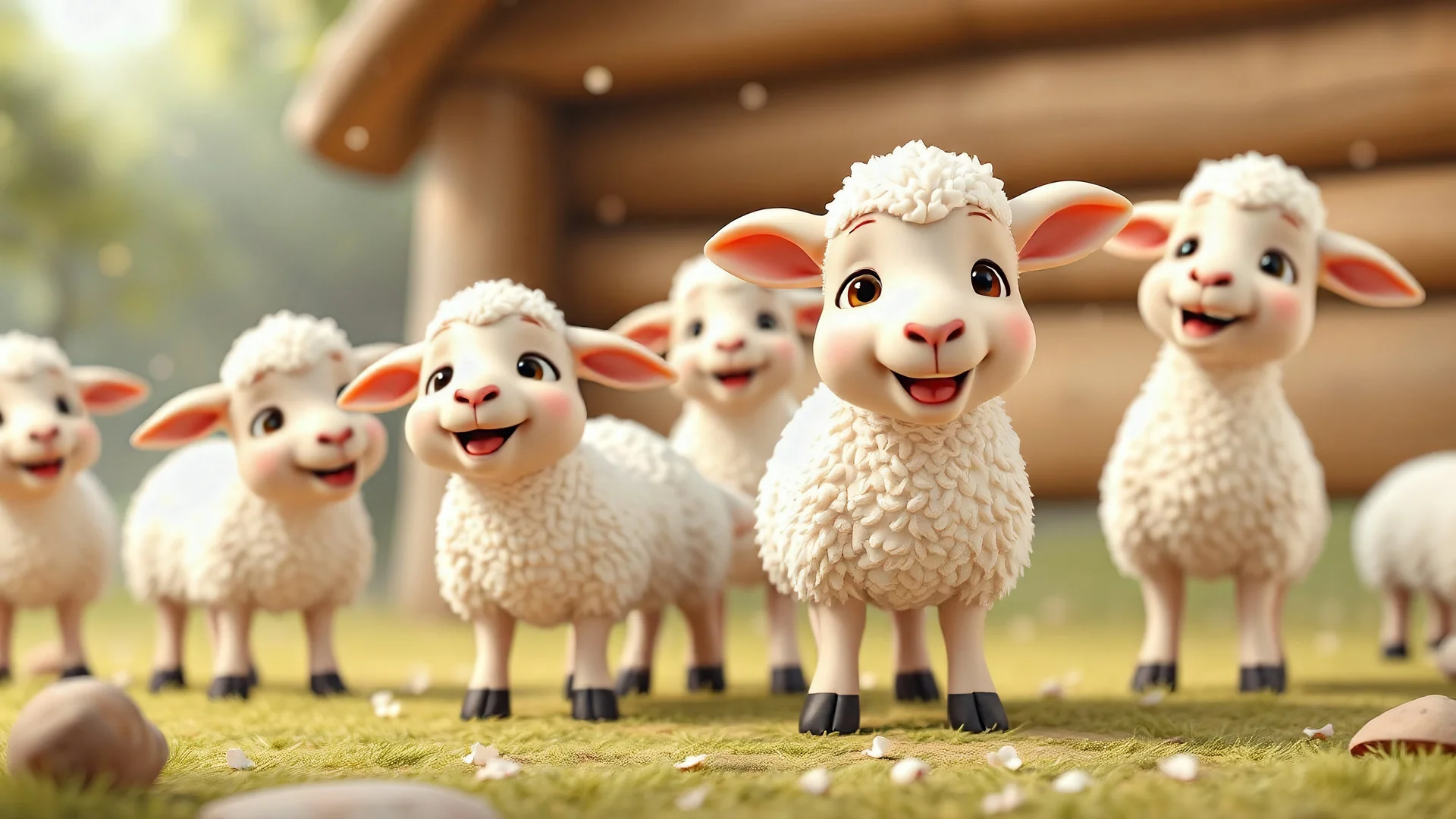 3D render, Disney style animation, cute lambs and sheeps are singing baaaaa