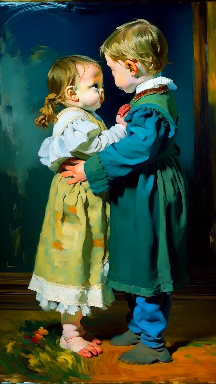 Side profile of a baby girl with her Cibeles aspirations behind her standing . Holding her brother hugging with love and compassion ,Opulent Van Gohn style painting,