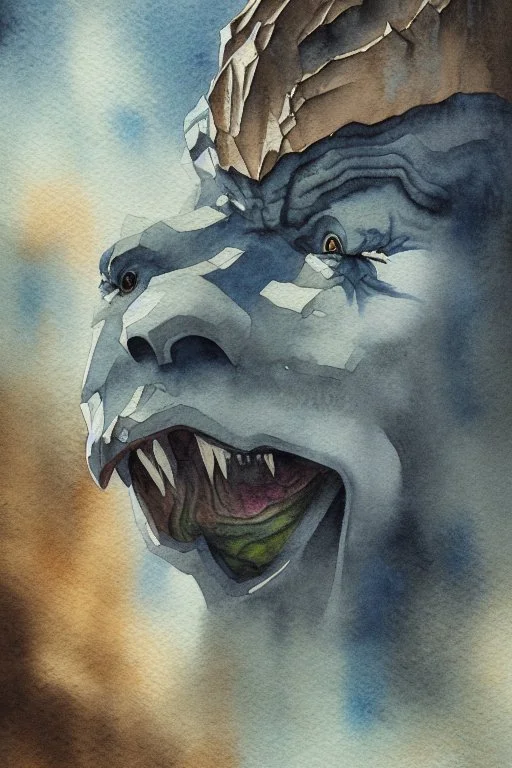 dnd, fantasy, watercolour, ilustration, dao, rock surface, earth elemental face, angry, greedy